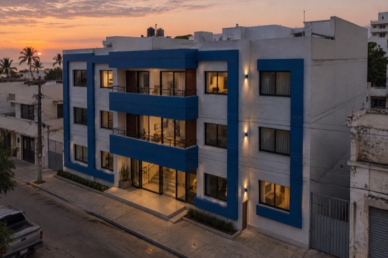 Edificio Bahía Azul, render exterior al atardecer