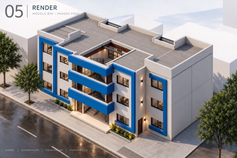 Edificio Bahía Azul, render diurno en contexto urbano