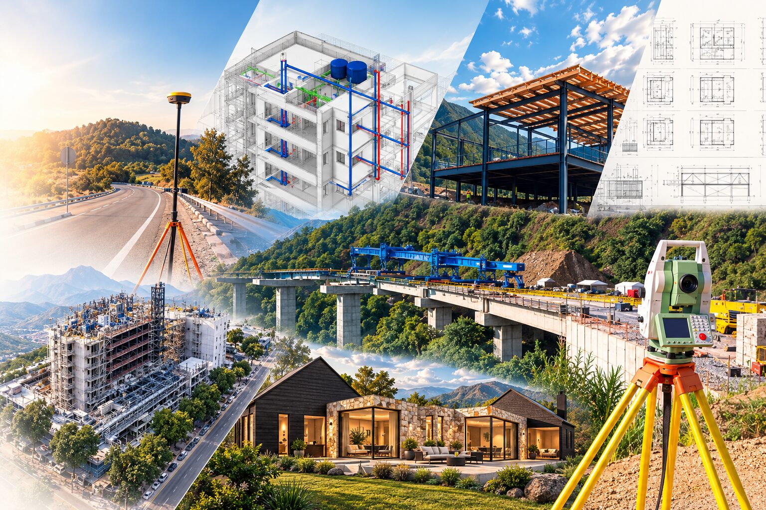 Collage de proyectos de Geo Rumbo: topografía, modelado BIM, planos y obra civil en construcción